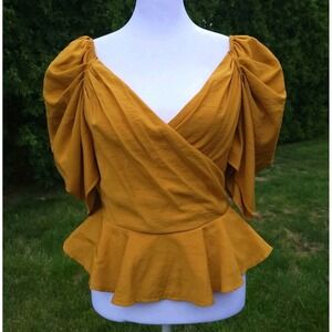 Sz Small Luxxel Mustard Yellow Puff Sleeve V-neck Peplum Blouse Zip Closure